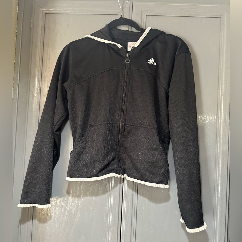 RARE! Adidas Black and White Cropped Jacket Ruffled Edges S - Picture 2 of 6